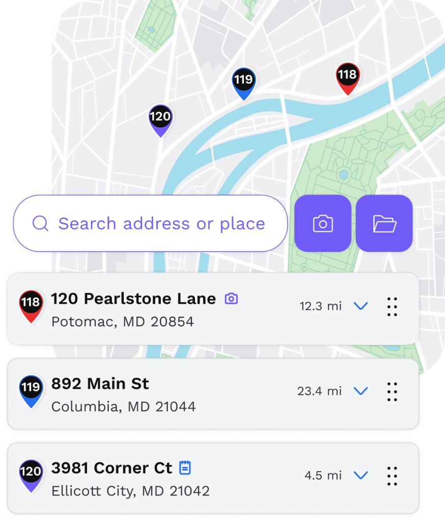 RoadWarrior route builder showing a map with search and optimized stop cards