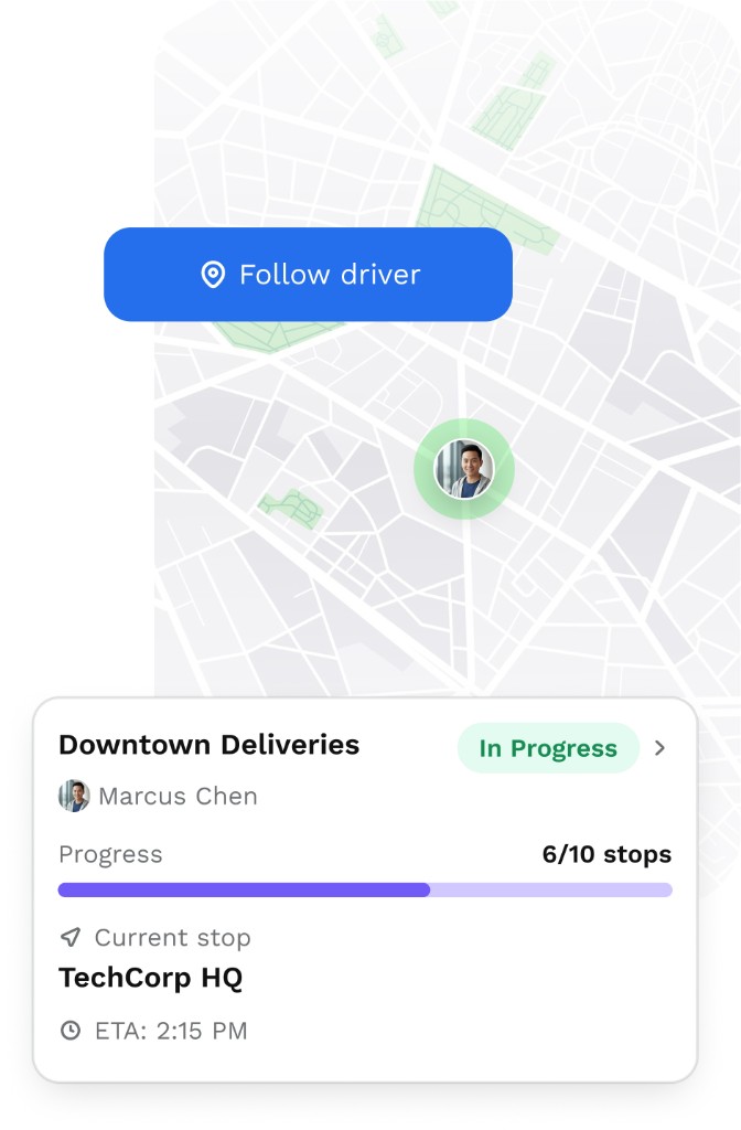 Live map showing driver location with follow driver and delivery progress