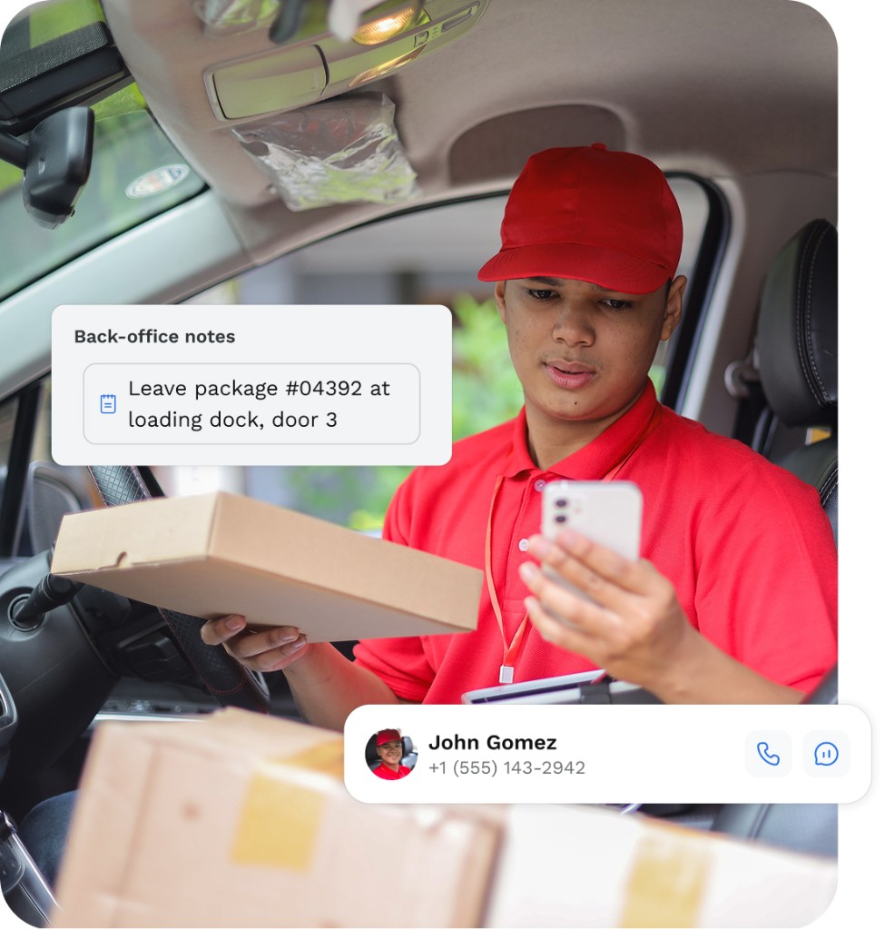 Driver viewing back-office stop notes and contact details on a delivery route