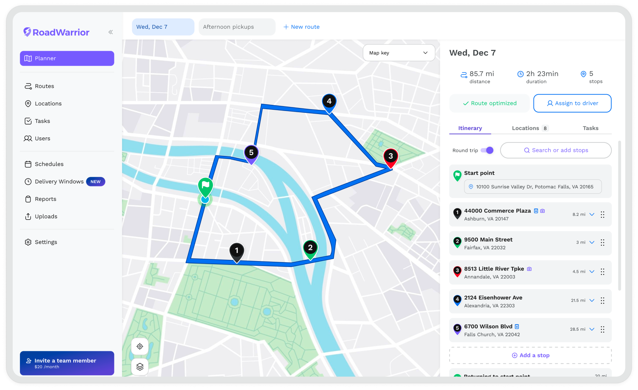 RoadWarrior Teams portal showing route planning on a map