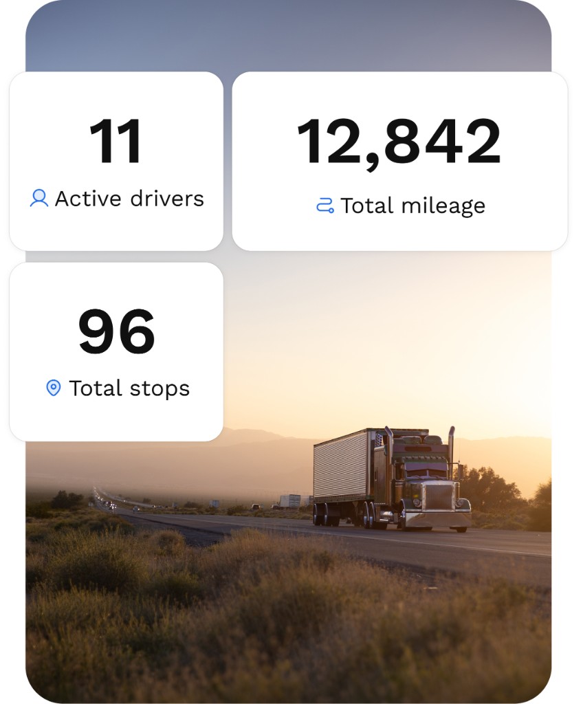 Fleet reporting dashboard showing active drivers, total mileage, and total stops